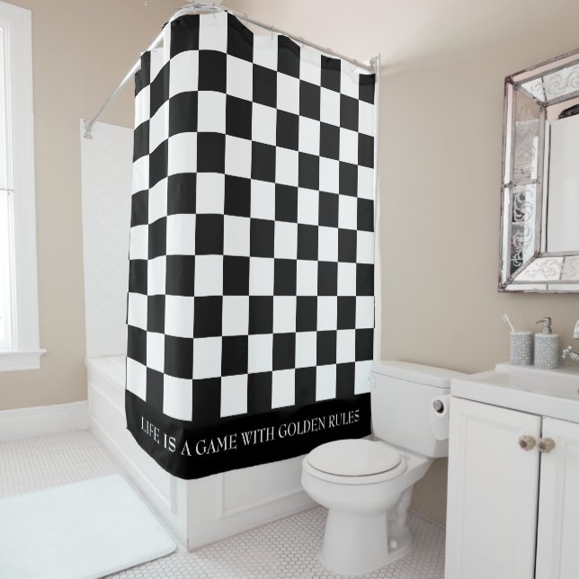 Quote on Black & White Chequered Pattern Shower Curtain (In Situ)