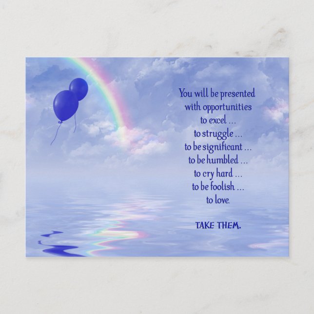 Quote with blue balloons and rainbow holiday postcard (Front)