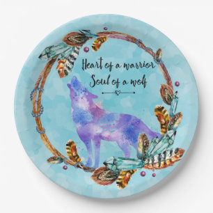 Quote with Howling Wolf in a Boho Wreath Paper Plate