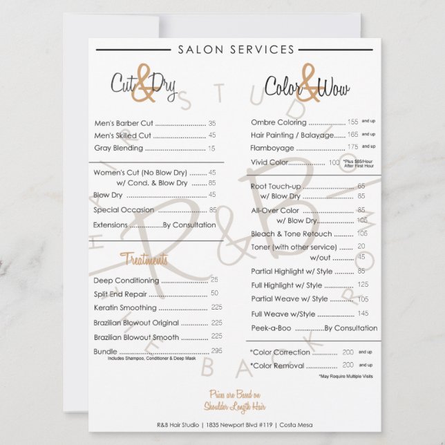 R&B Gold Graphic Service Menu (Front)