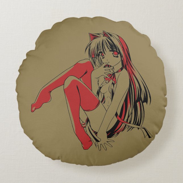 R & B Manga, Neko Catgirl Furry Loli Anime Round Cushion (Front)