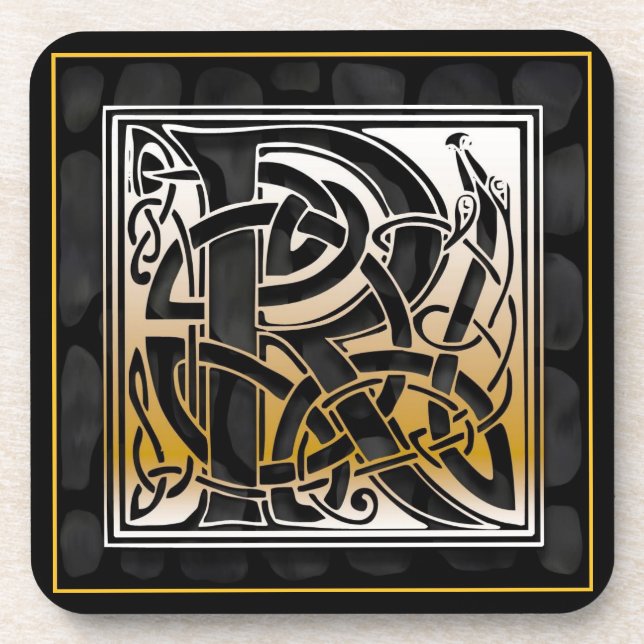 ‘R’ Celtic Black Stone Monogram Coasters (Front)