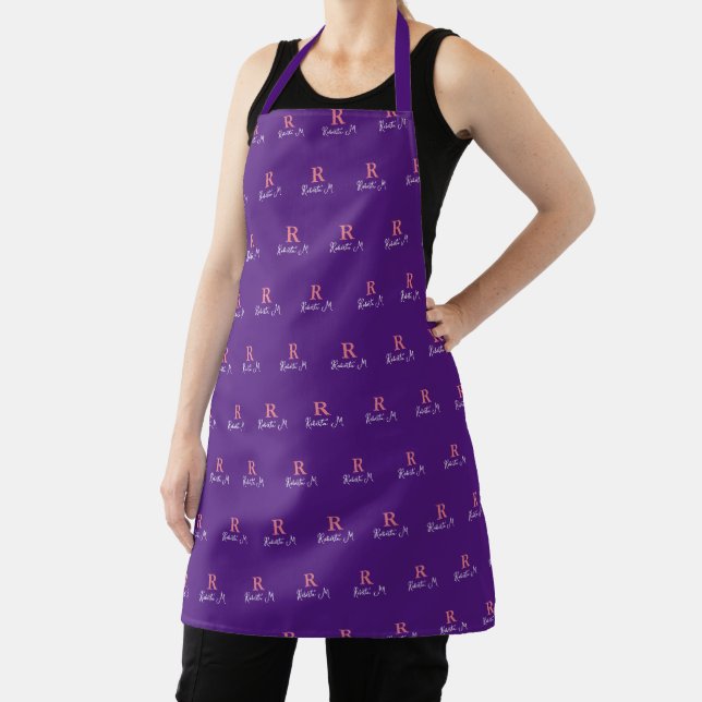 R *custom* Pink Monogram stamped allover Purple Apron (Insitu)