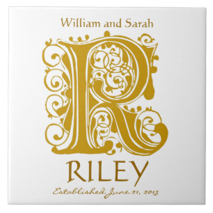 R Gold Monogram on White - Names Wedding Date Tile