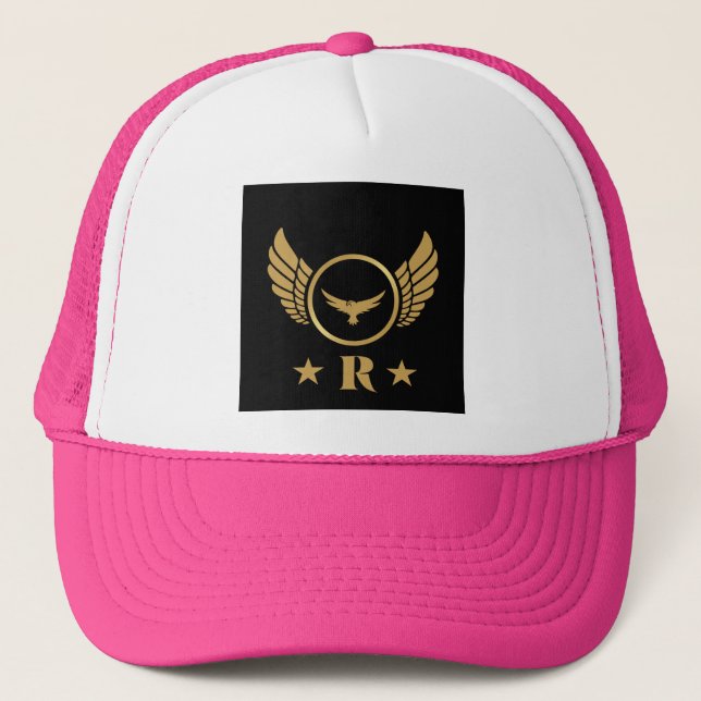 R Initial White and Hot Pink Gold Eagle image-Cap Trucker Hat (Front)