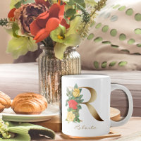 R Letter Gold Monogram Yellow Red Roses Floral