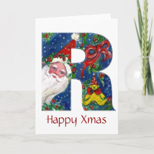 R LETTER / SANTA CLAUS WITH RED RIBBON MONOGRAM HOLIDAY CARD