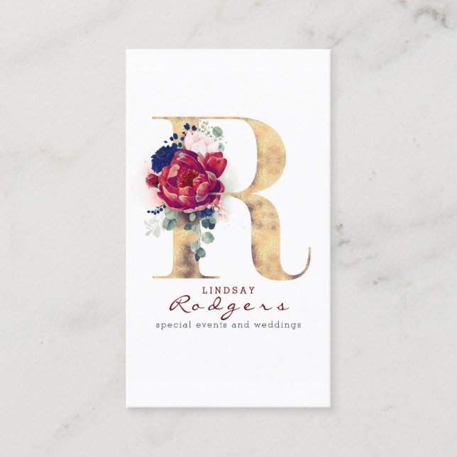 R Monogram Burgundy Gold and Navy Blue Floral Business Card (Front)
