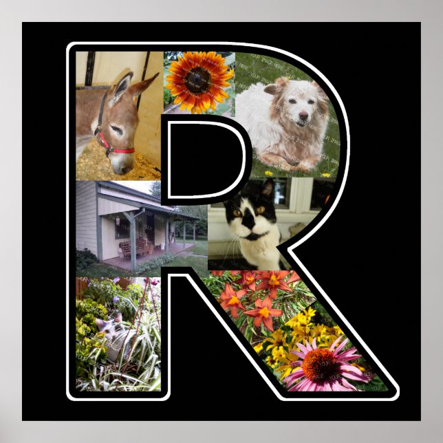 R Monogram Create Your Own 8 Photo Collage Black Poster (Front)