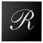 R Monogram Initial White on Black Tile<br><div class="desc">Classic White Letter Monogram on Black Background,  R.</div>