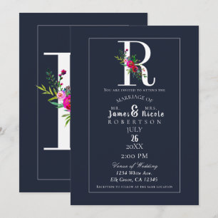 R Monogram Last Initial Modern Blue Floral Wedding Invitation