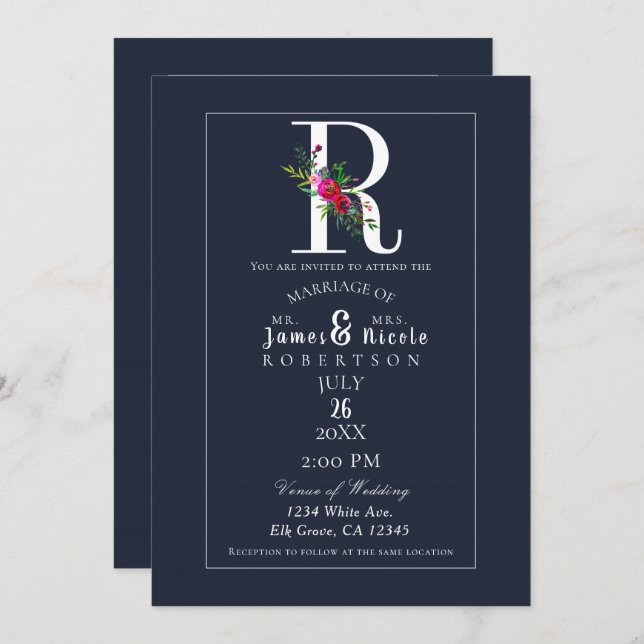 R Monogram Last Initial Modern Blue Floral Wedding Invitation (Front/Back)