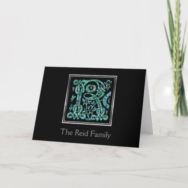 R Monogram "Masselle Blue" with Name Greeting Card (Front)