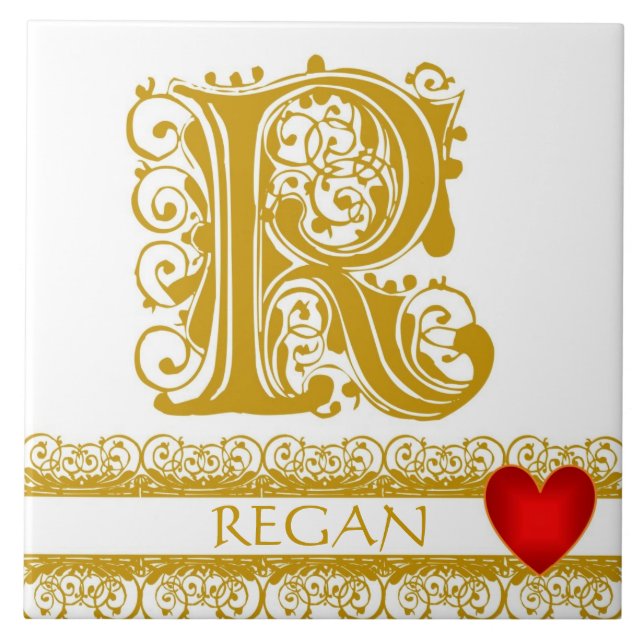 R Monogram Name Gold Lace Red Heart Template Tile (Front)