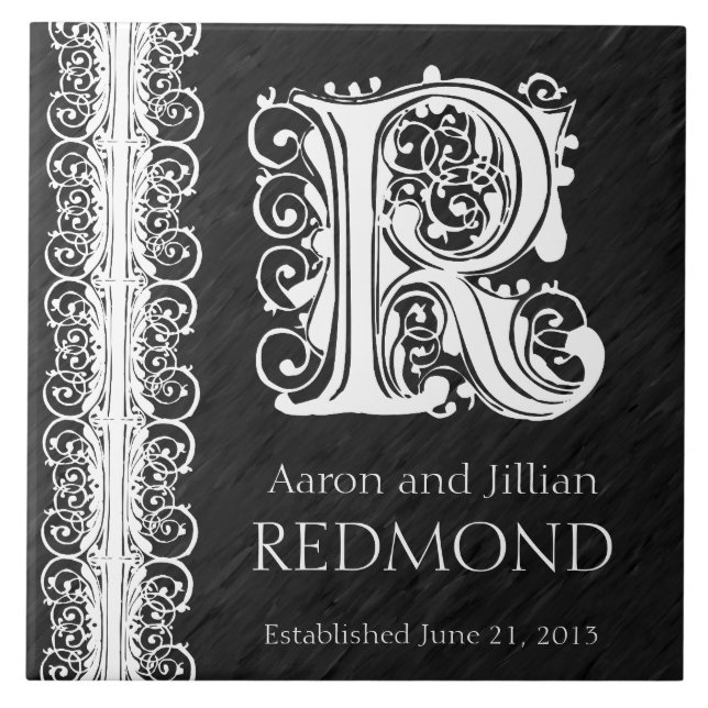 R Monogram "White Lace on Black" Wedding  Tile (Front)