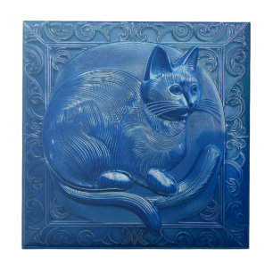 R Navy Blue faux relief Art Nouveau Cat Tile