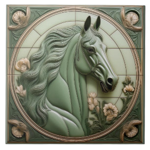 R Sage green faux relief Art Nouveau Horse Head Tile