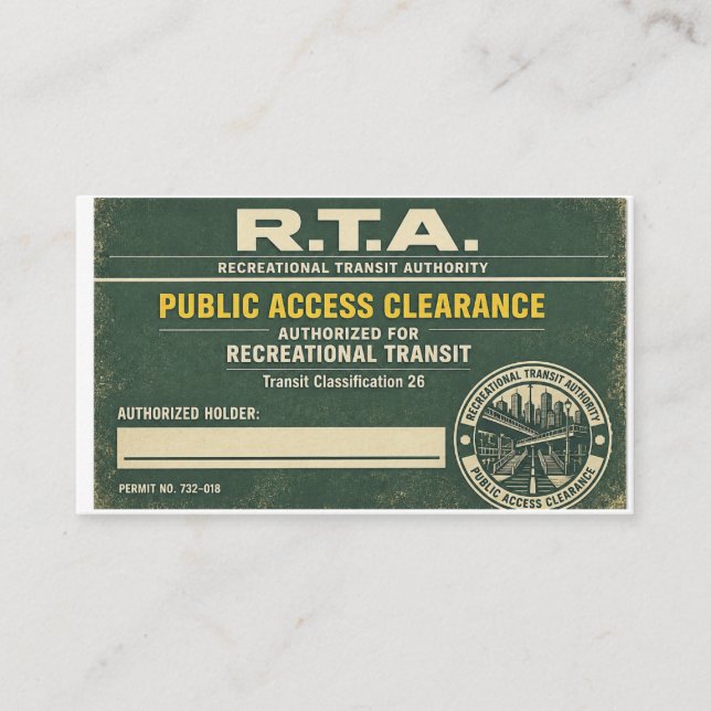 R.T.A. Public Access Clearance  Business Card (Front)