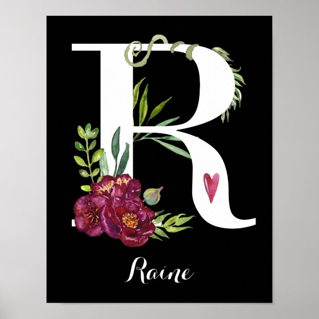 R Watercolor Floral Monogram Custom Nursery Poster (Front)
