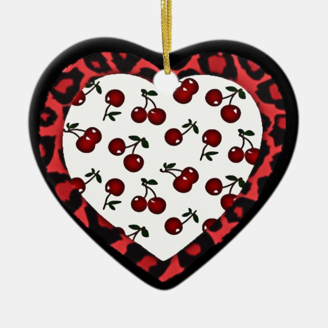 RAB cherries Leopard Print Heart Rockabilly Ceramic Tree Decoration (Front)
