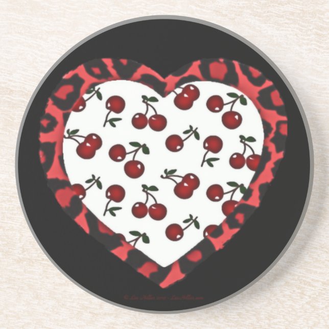 RAB cherries Leopard Print Heart Rockabilly Coaster (Front)