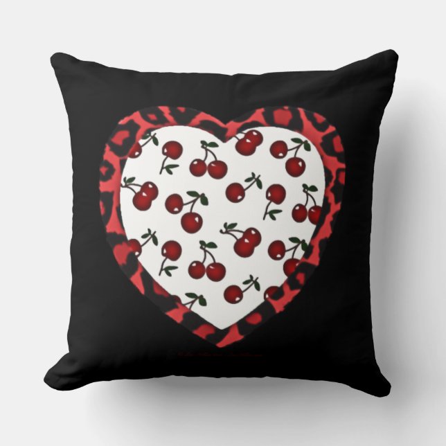 RAB cherries Leopard Print Heart Rockabilly Cushion (Front)