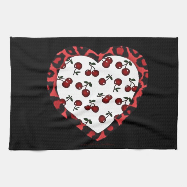 RAB cherries Leopard Print Heart Rockabilly Tea Towel (Horizontal)