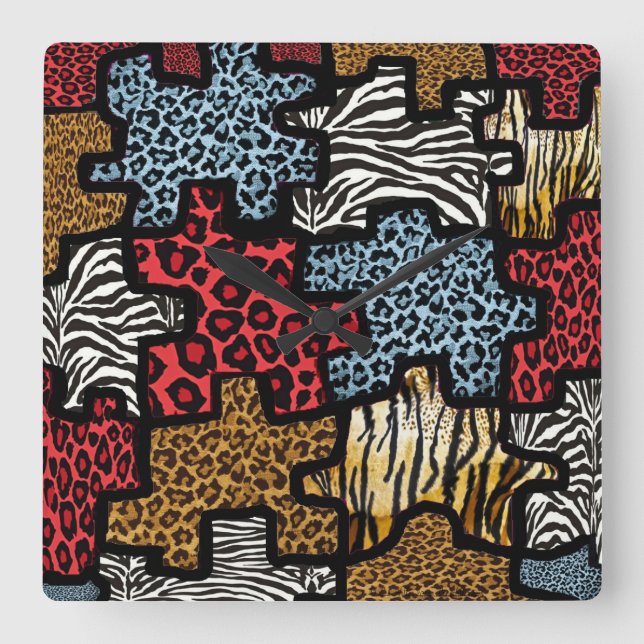 RAB Rockabilly Animal Print Puzzle Square Wall Clock (Front)