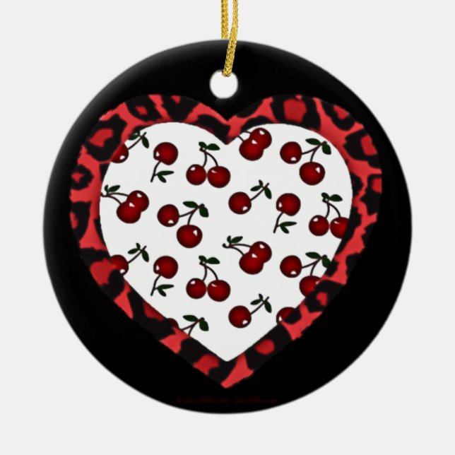 RAB Rockabilly Cherries Leopard Print Heart Ceramic Tree Decoration (Front)