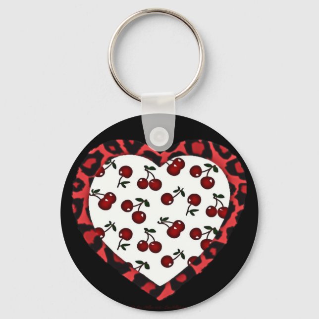 RAB Rockabilly Cherries Leopard Print Heart Key Ring (Front)
