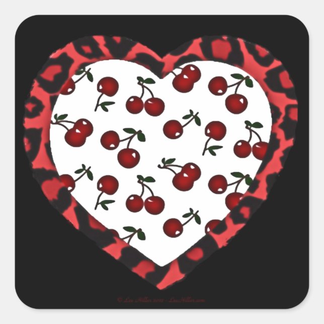 RAB Rockabilly Cherries Leopard Print Heart Square Sticker (Front)