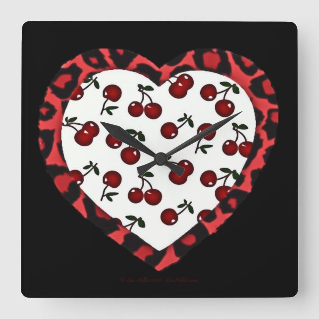 RAB Rockabilly Cherries Leopard Print Heart Square Wall Clock (Front)