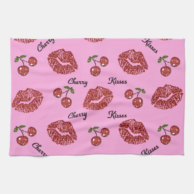 RAB Rockabilly Cherry Kisses on Pink Tea Towel (Horizontal)