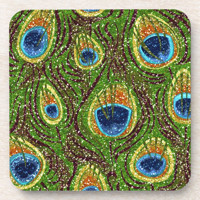 RAB Rockabilly Colourful Peacock Feathers Print Coaster (Front)