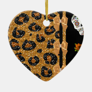 RAB Rockabilly Gold Leopard Print Sugar Skulls Ceramic Tree Decoration