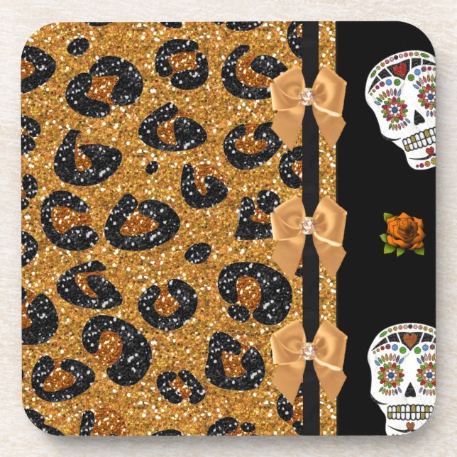 RAB Rockabilly Gold Leopard Print Sugar Skulls Coaster (Front)