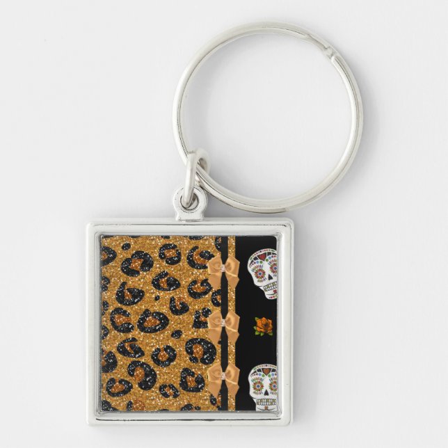 RAB Rockabilly Gold Leopard Print Sugar Skulls Key Ring (Front)