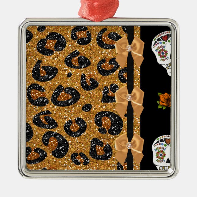 RAB Rockabilly Gold Leopard Print Sugar Skulls Metal Tree Decoration (Front)