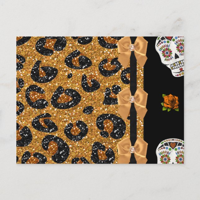 RAB Rockabilly Gold Leopard Print Sugar Skulls Postcard (Front)