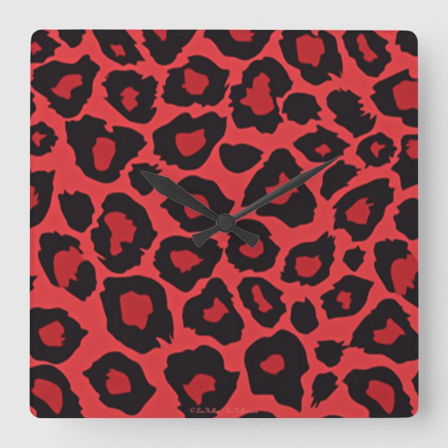 RAB Rockabilly Leopard Print Red Black Square Wall Clock (Front)