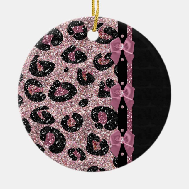 RAB Rockabilly Pink Leopard Print Ribbon Bows Ceramic Tree Decoration (Front)