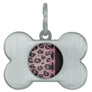 RAB Rockabilly Pink Leopard Print Ribbon Bows Pet Name Tag