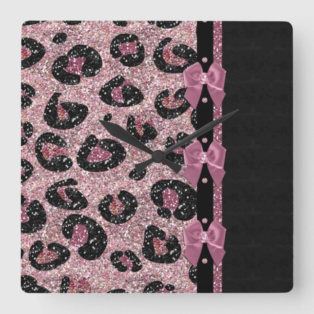 RAB Rockabilly Pink Leopard Print Ribbon Bows Square Wall Clock (Front)