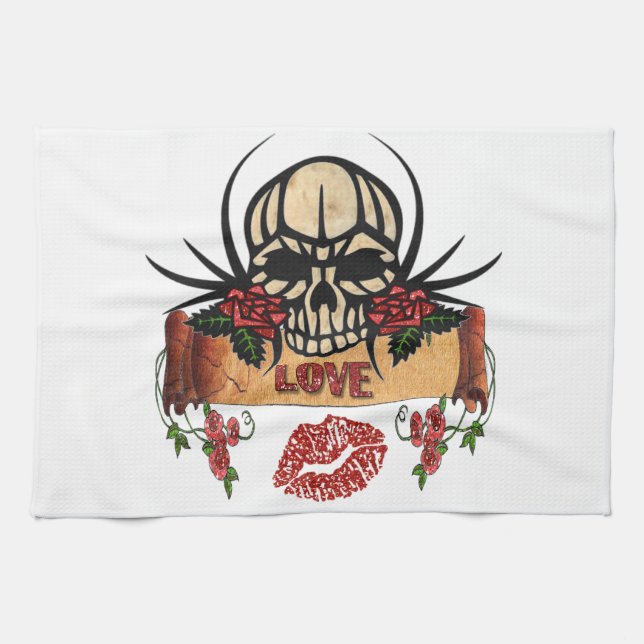 RAB Rockabilly Skull Roses Love Lipstick Tea Towel (Horizontal)