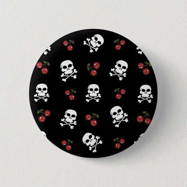RAB Rockabilly Skulls and Cherries on Black 6 Cm Round Badge (Front)