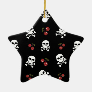 RAB Rockabilly Skulls and Cherries on Black Ceramic Tree Decoration