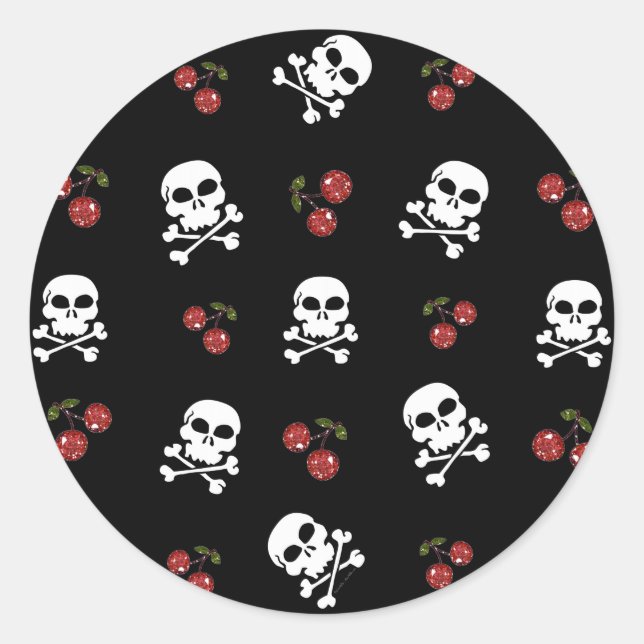RAB Rockabilly Skulls and Cherries on Black Classic Round Sticker (Front)