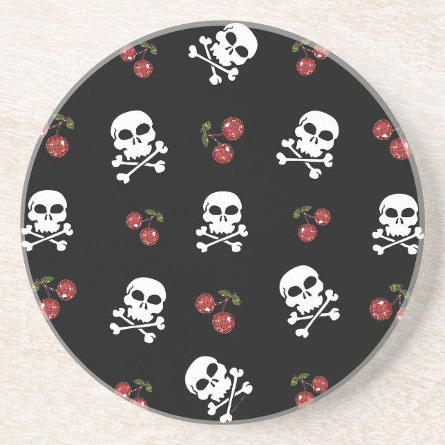 RAB Rockabilly Skulls and Cherries on Black Coaster (Front)