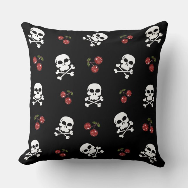 RAB Rockabilly Skulls and Cherries on Black Cushion (Front)
