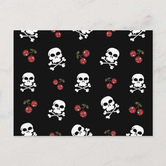 RAB Rockabilly Skulls and Cherries on Black Postcard (Front)